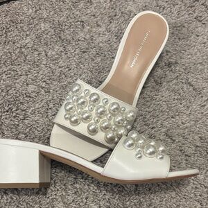 Stuart Weitzman White Pearl-Embellished Slide Mules